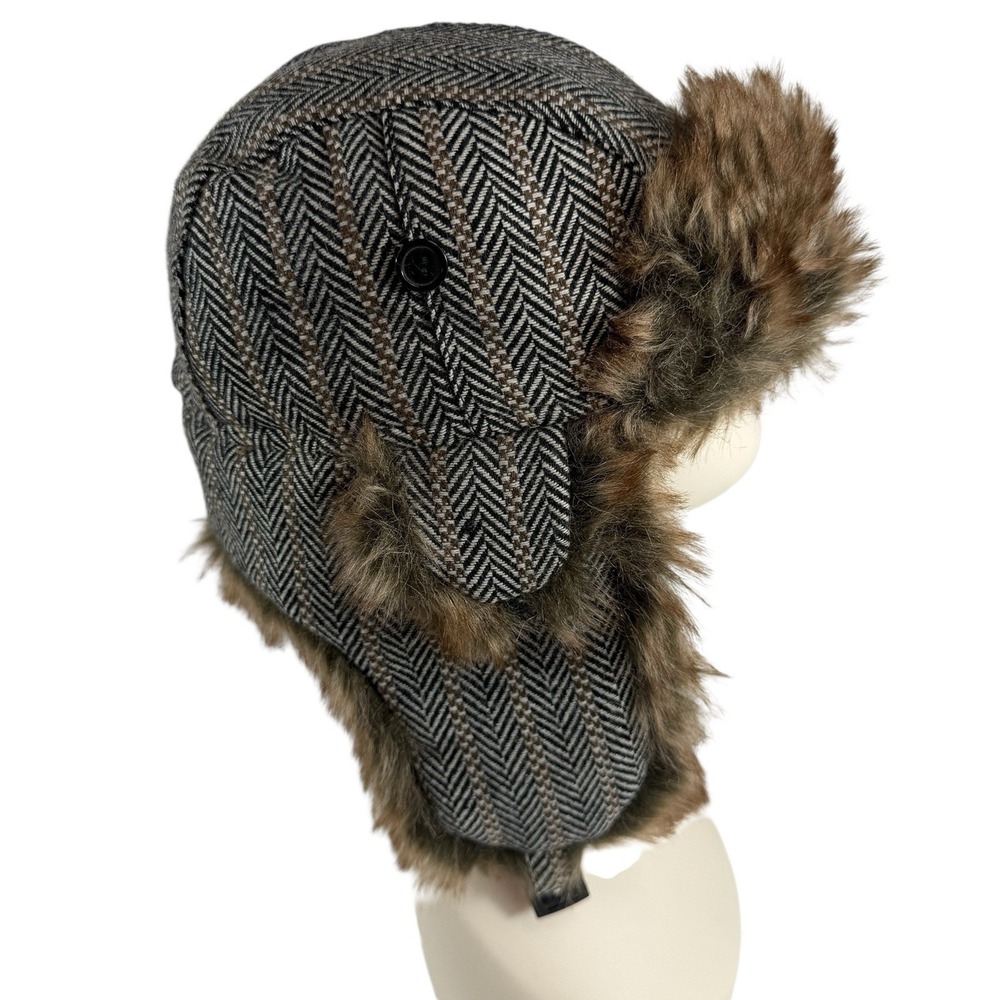 Newhattan Trapper Hat Brown‎ Faux Fur Hat Earflap Herringbone Winter Warm Furry